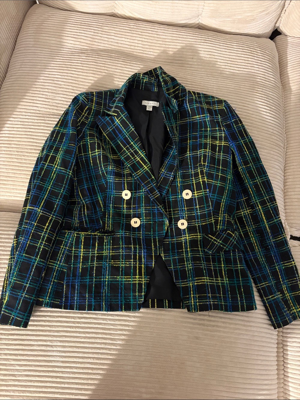 Topshop Blue and Green Plaid Double-Breasted Blazer